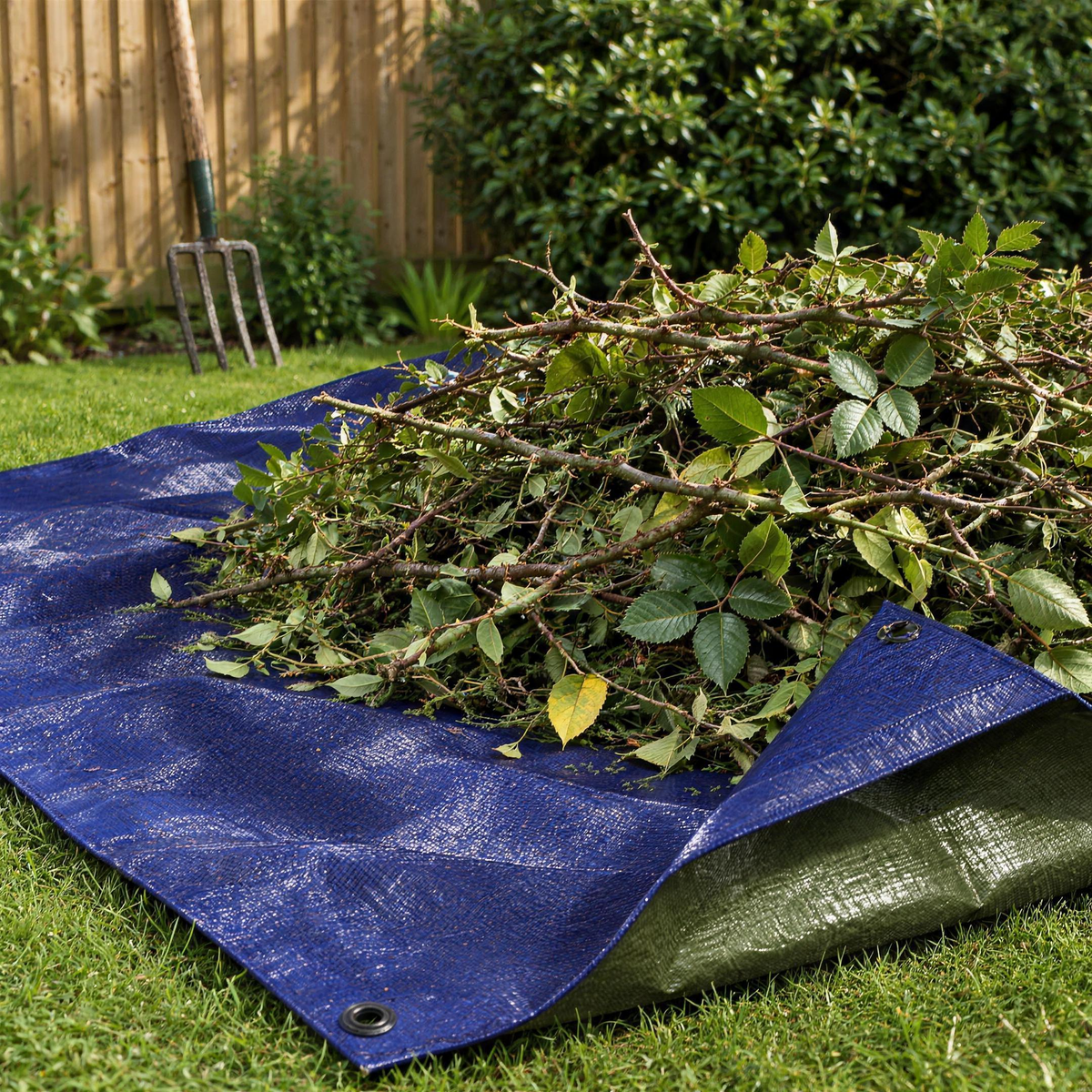 Blue and olive green reversible 110gsm tarpaulin on a garden lawn piled with hedge and rose prunings for the green waste bin