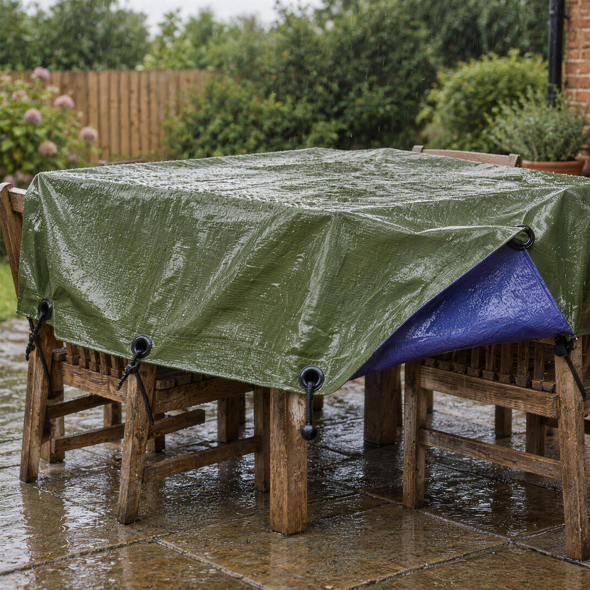 Reversible tarpaulin olive green side up covering garden furniture on a patio, tied with bungees