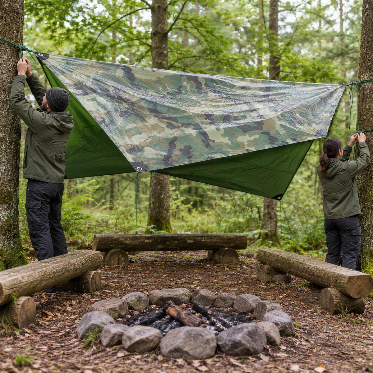 Activity centre instructors rigging a camouflage tarpaulin as a group shelter over log benches and a fire circle