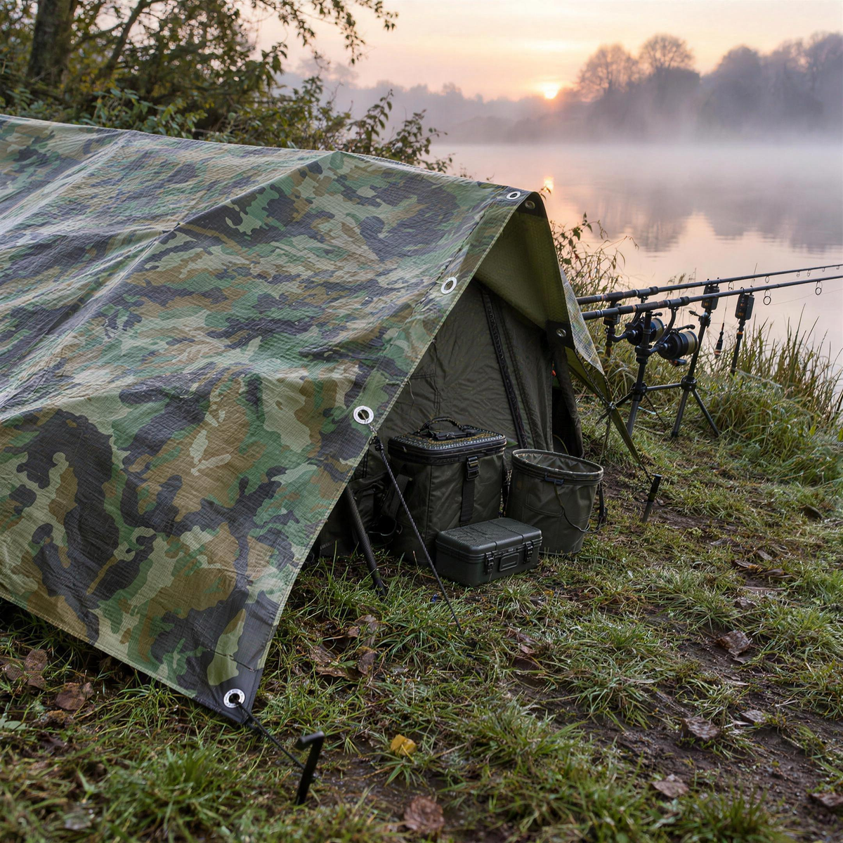 Camouflage tarpaulin as an angler bivvy cover on a misty carp lake bank at dawn