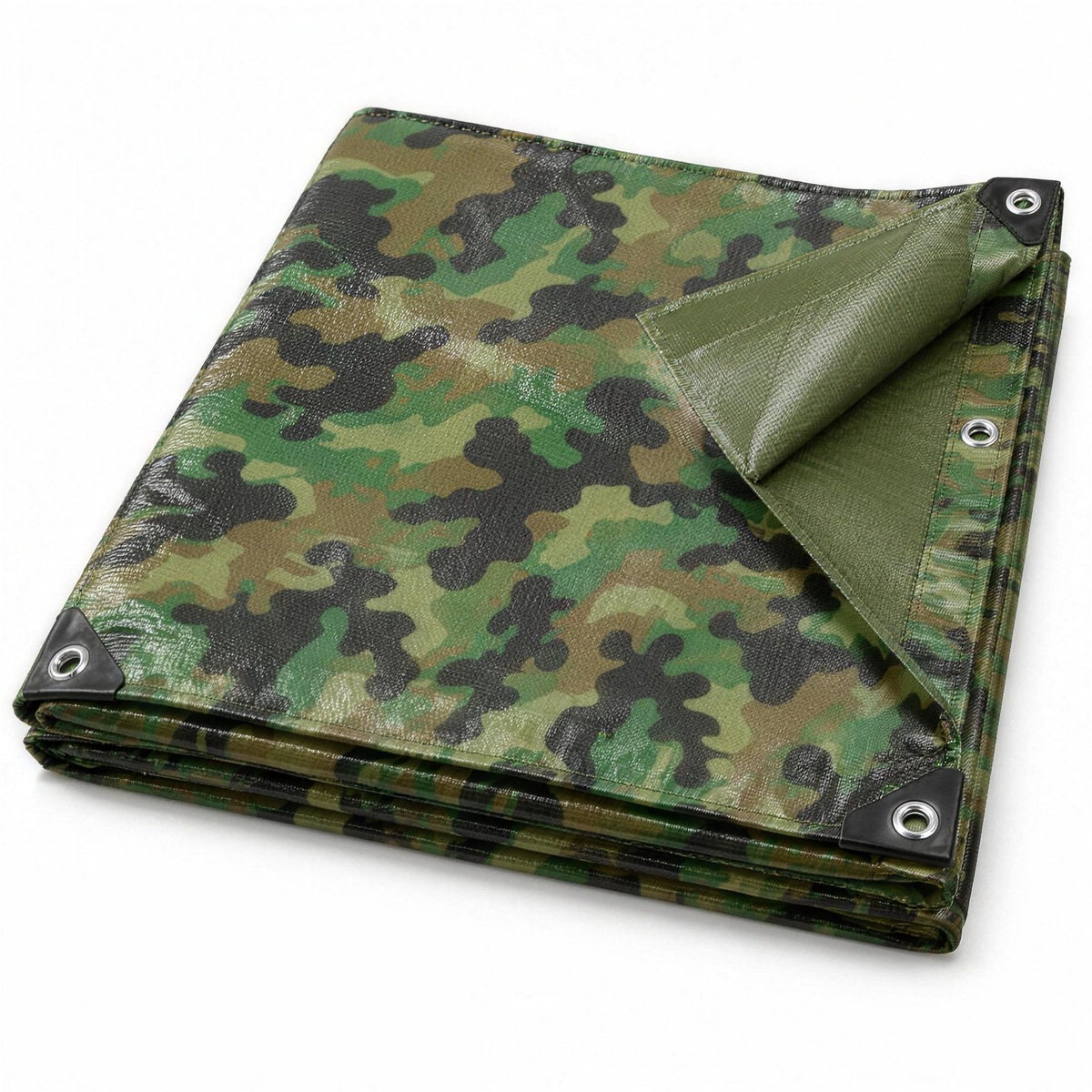 110gsm camouflage tarpaulin folded with a corner turned back to show the plain green reverse, reinforced corners and eyelets