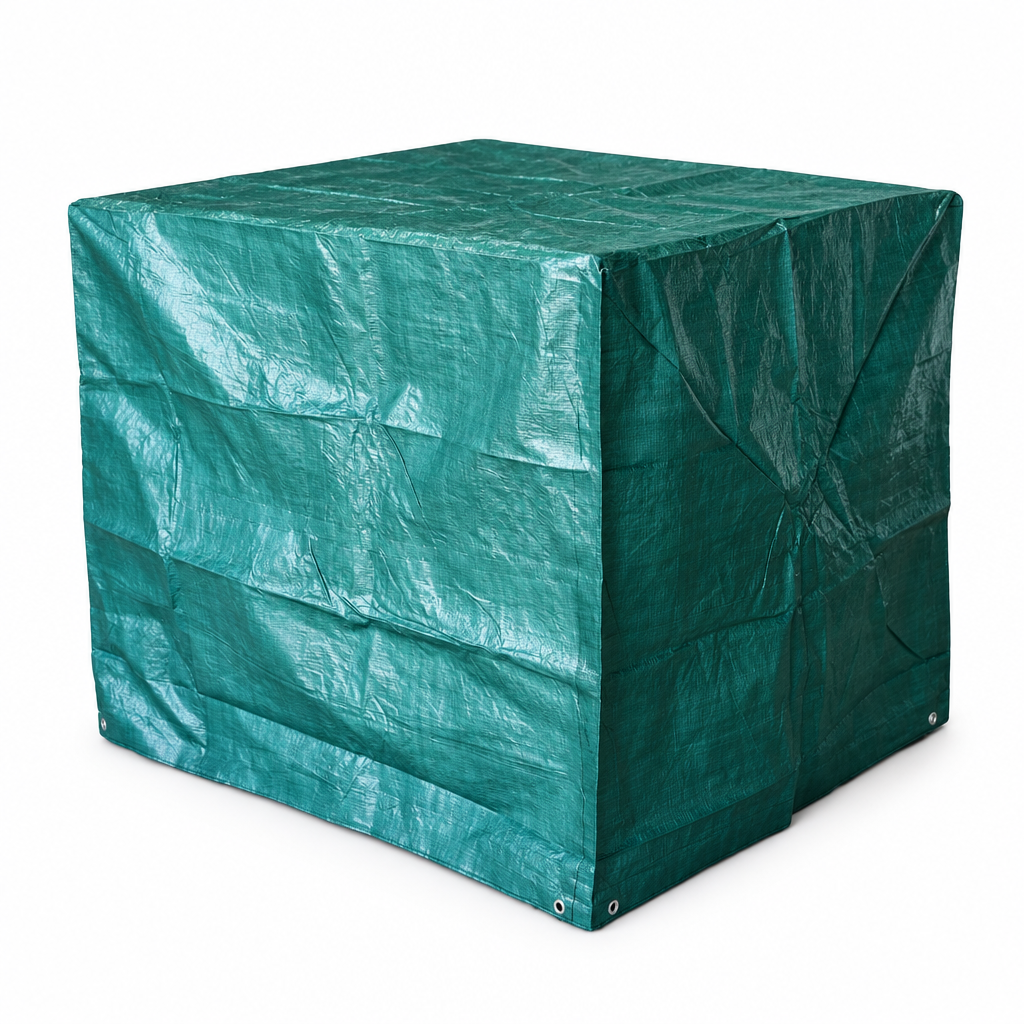 Green 140gsm box-shaped pallet cover with eyelets along the bottom hem
