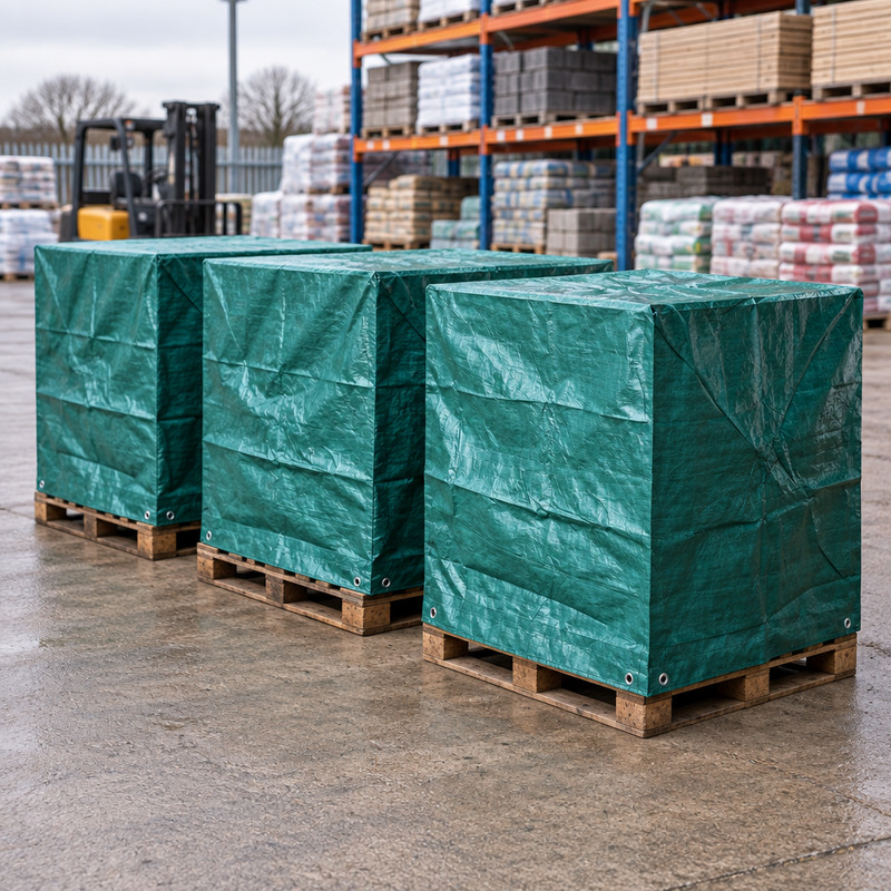Green fitted pallet covers over loaded pallets in a builders merchant yard