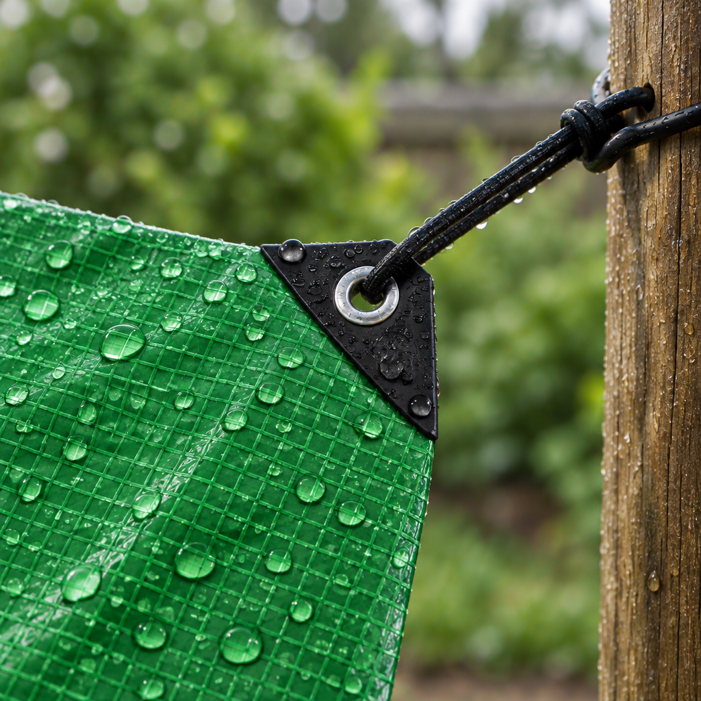 Close-up of the mono cover grid, a plastic corner reinforcement and aluminium eyelet tied to a post with a bungee