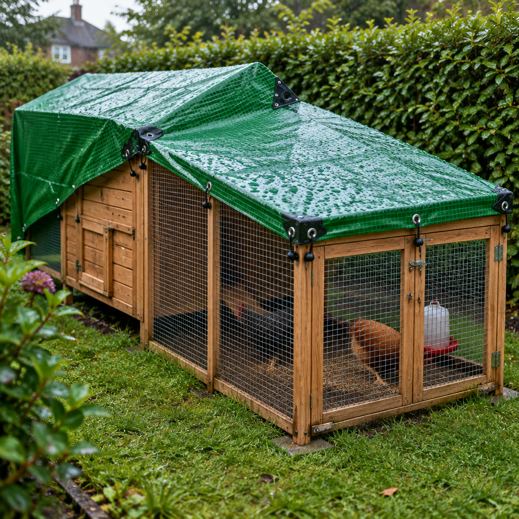Green mono cover tarpaulin fixed over a wooden chicken coop and run in a garden after rain