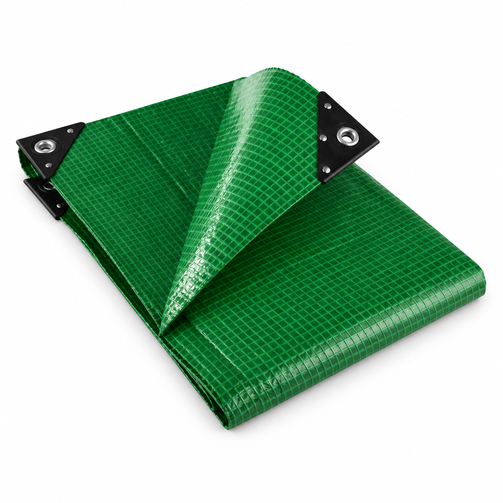 Green 170gsm mono cover tarpaulin folded, showing the reinforcing grid, plastic corner reinforcements and aluminium eyelets