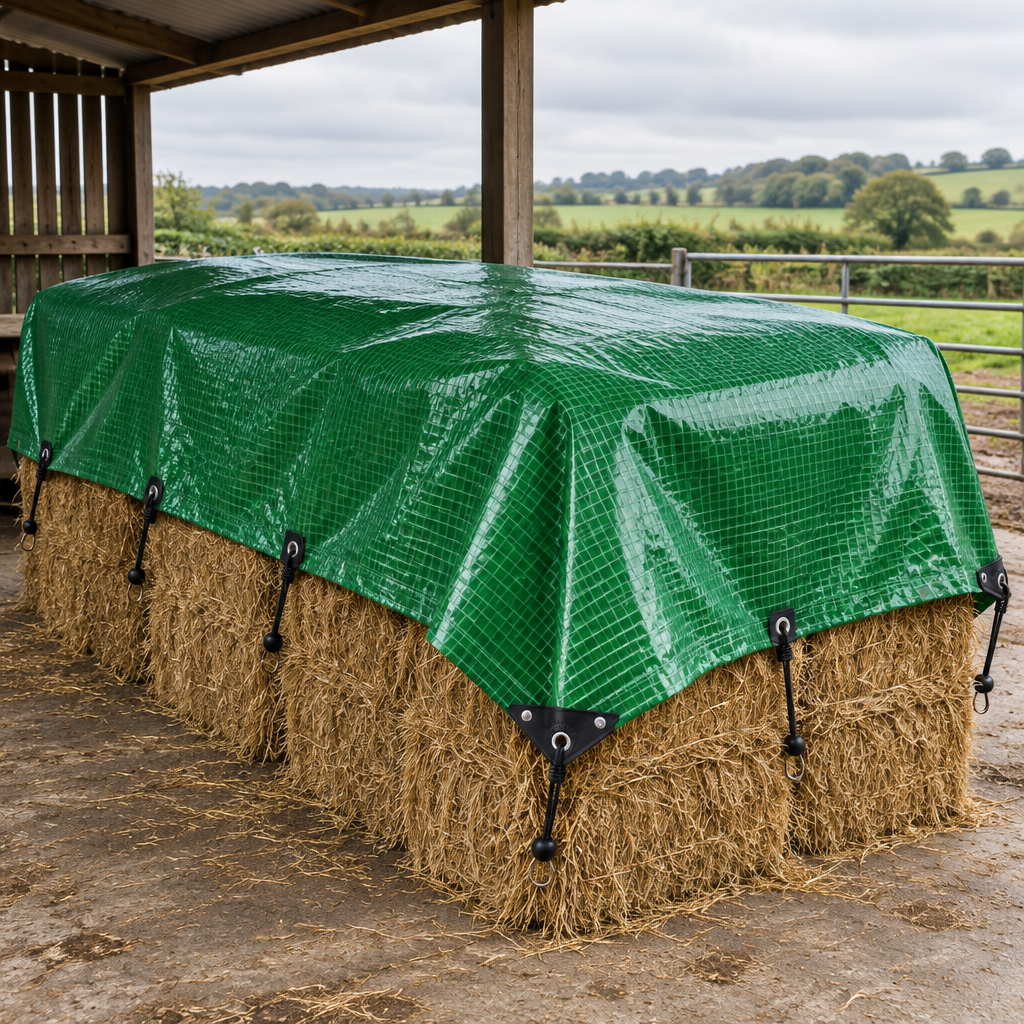 Green 170gsm mono cover tarpaulin over a stack of hay bales on a farm, fixed with ball bungees