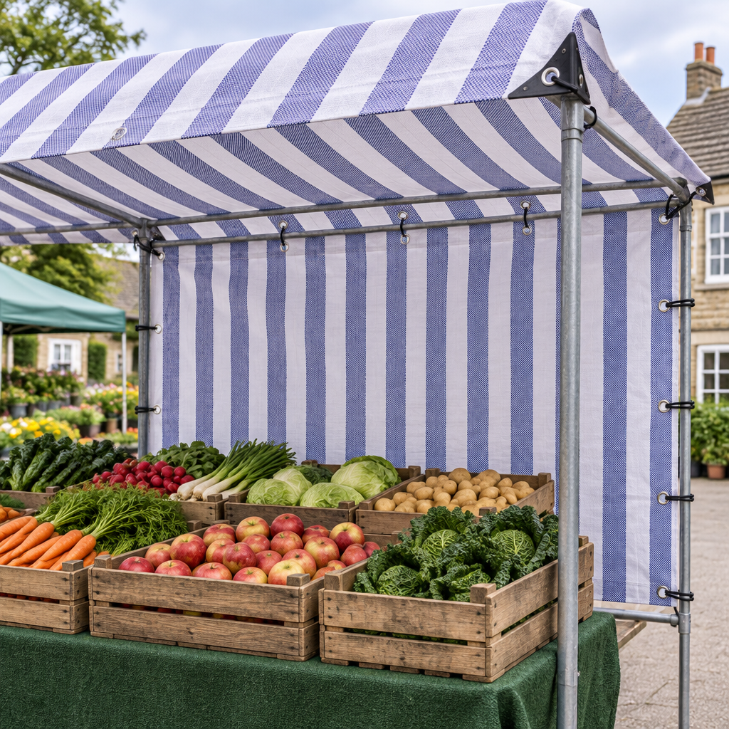 Blue and white striped tarpaulin as the roof and back sheet of a farmers market stall