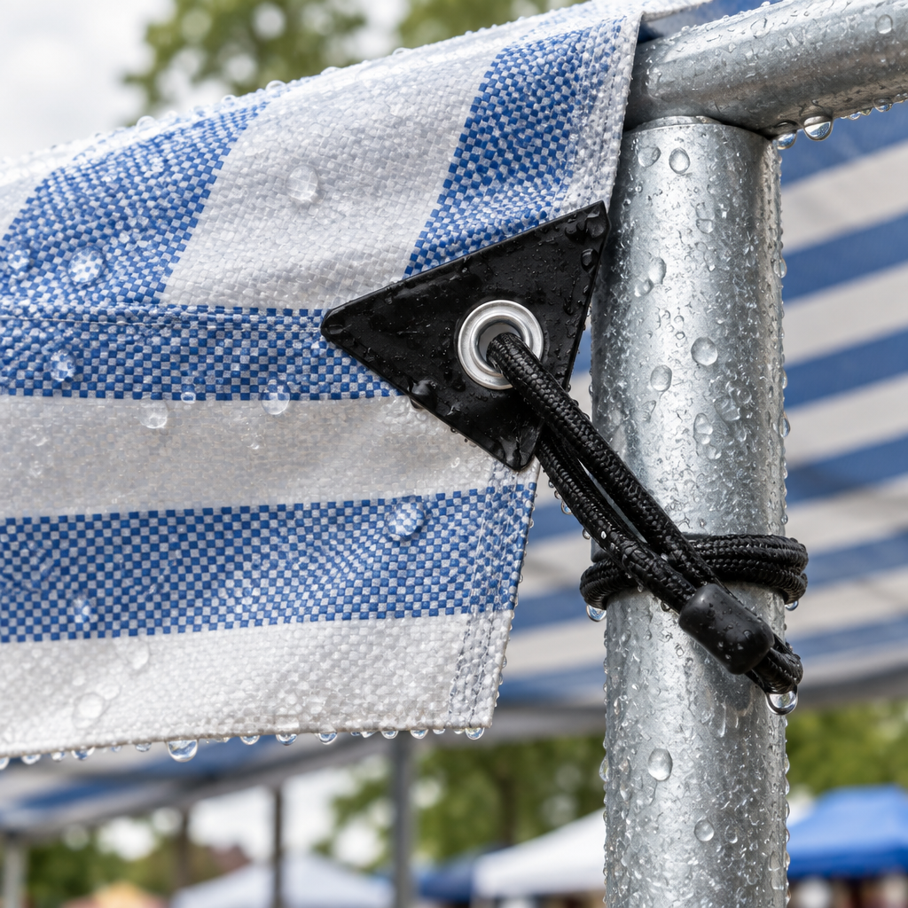 Close-up of a striped tarpaulin corner reinforcement and aluminium eyelet fixed to a stall frame with a bungee