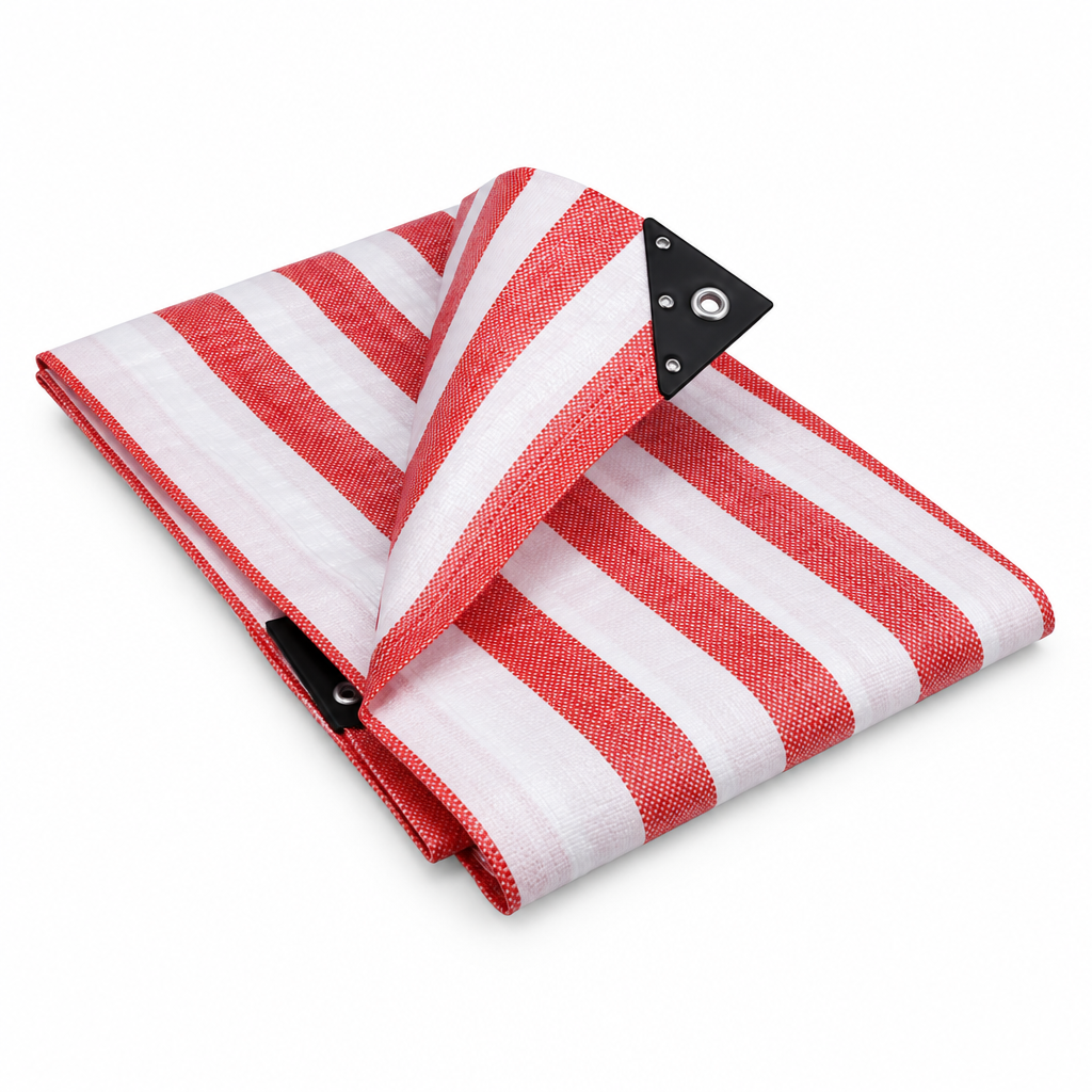Red and white striped 170gsm tarpaulin folded, showing a plastic corner reinforcement and aluminium eyelet