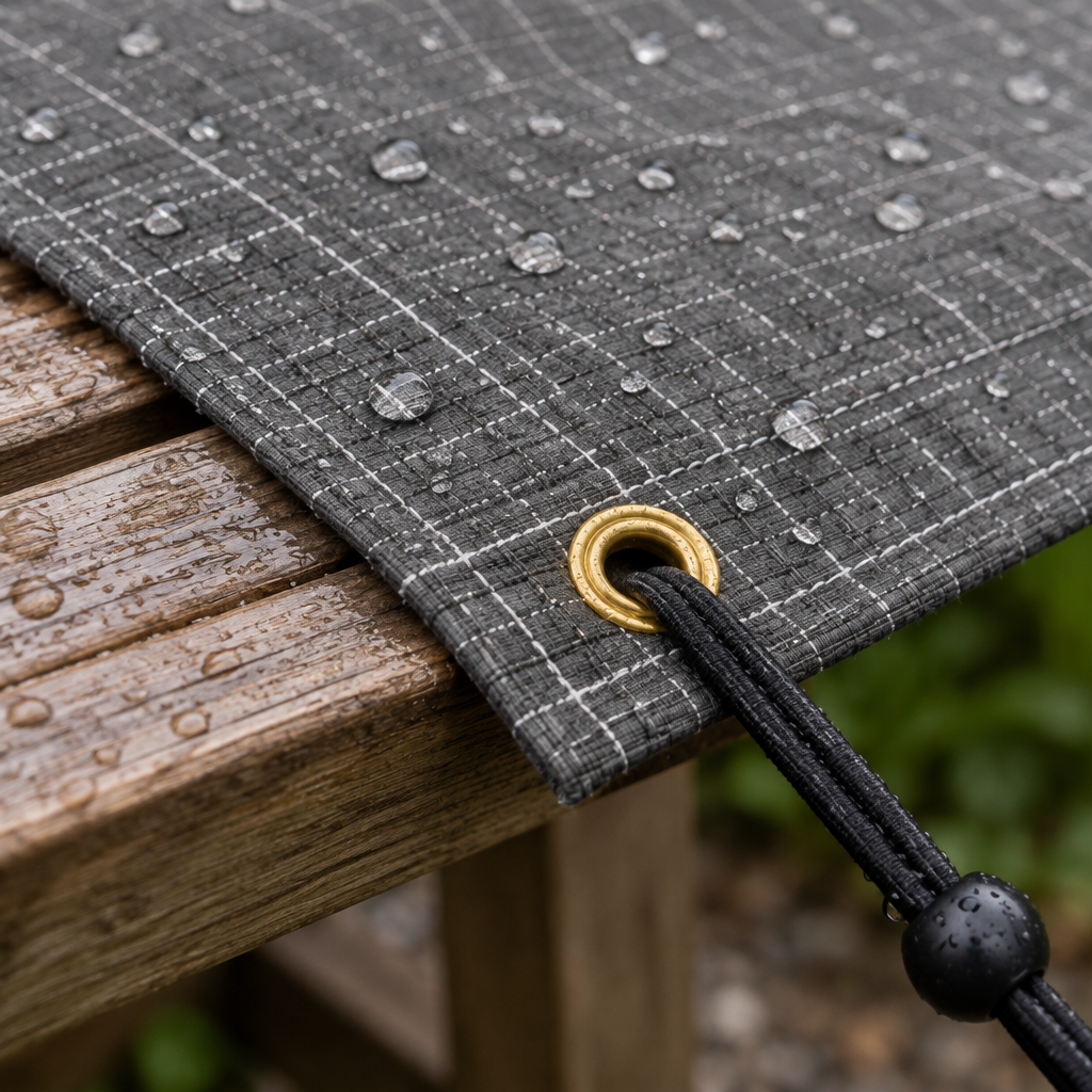 Close-up of grey ripstop canvas with white grid, stitched hem and brass eyelet with a bungee cord