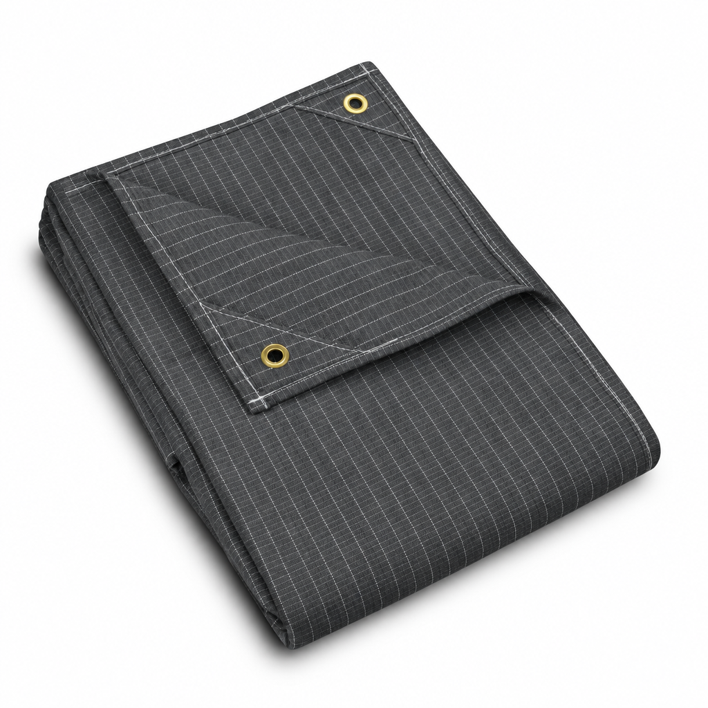 Grey 17oz ripstop canvas tarpaulin folded, showing the white ripstop grid and brass eyelets