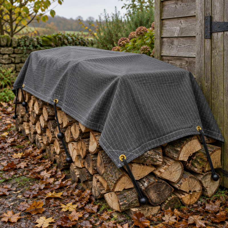 Grey ripstop canvas tarpaulin tied down with bungee cords over a stacked firewood log store beside a garden shed