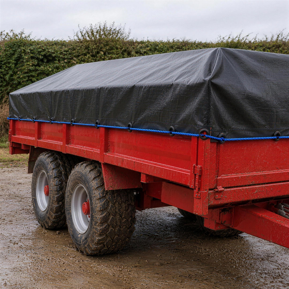 Black 200gsm tarpaulin sheeted over a red farm trailer and roped through the eyelets