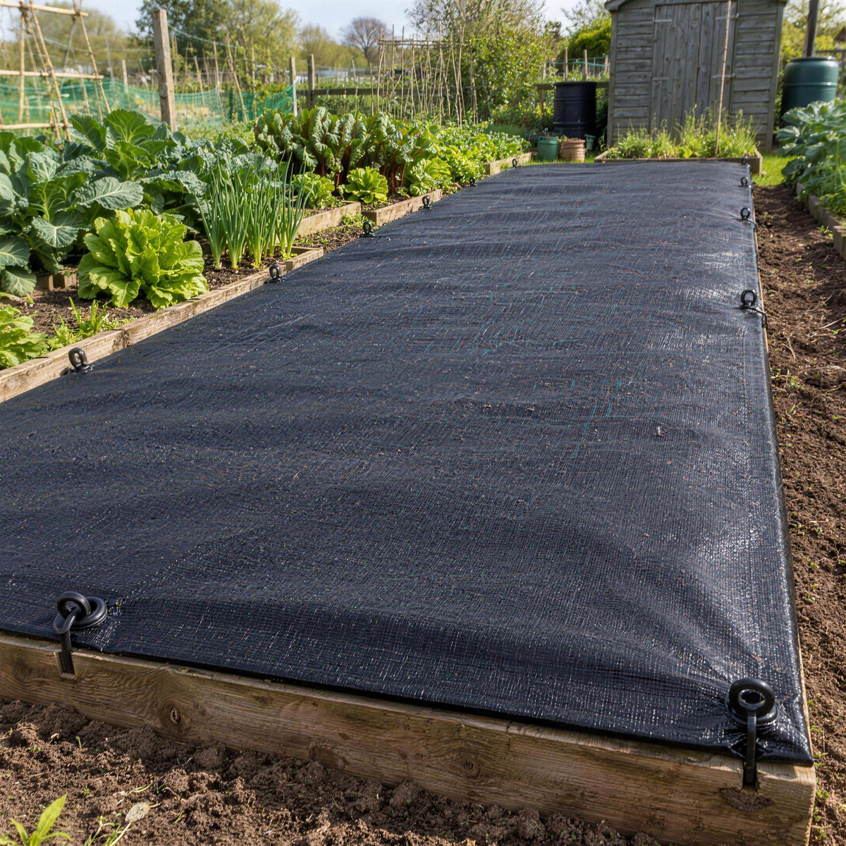 Black 200gsm tarpaulin pegged over an allotment raised bed as a weed suppression cover