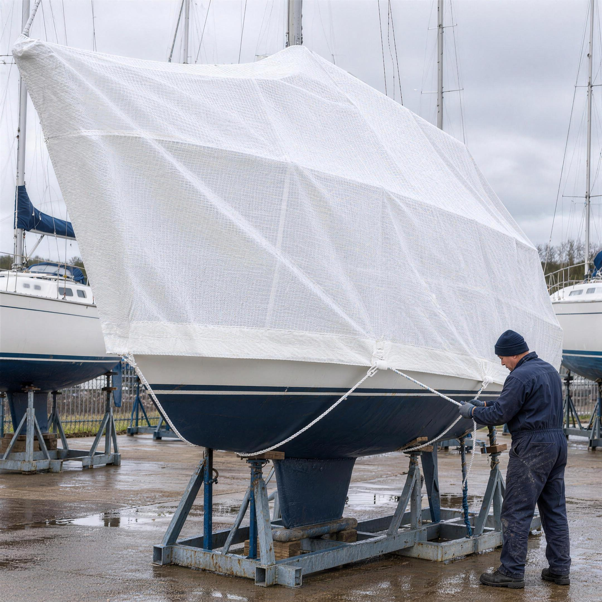White reinforced tarpaulin covering a yacht on a cradle in a marina boatyard, a yard worker tying it down