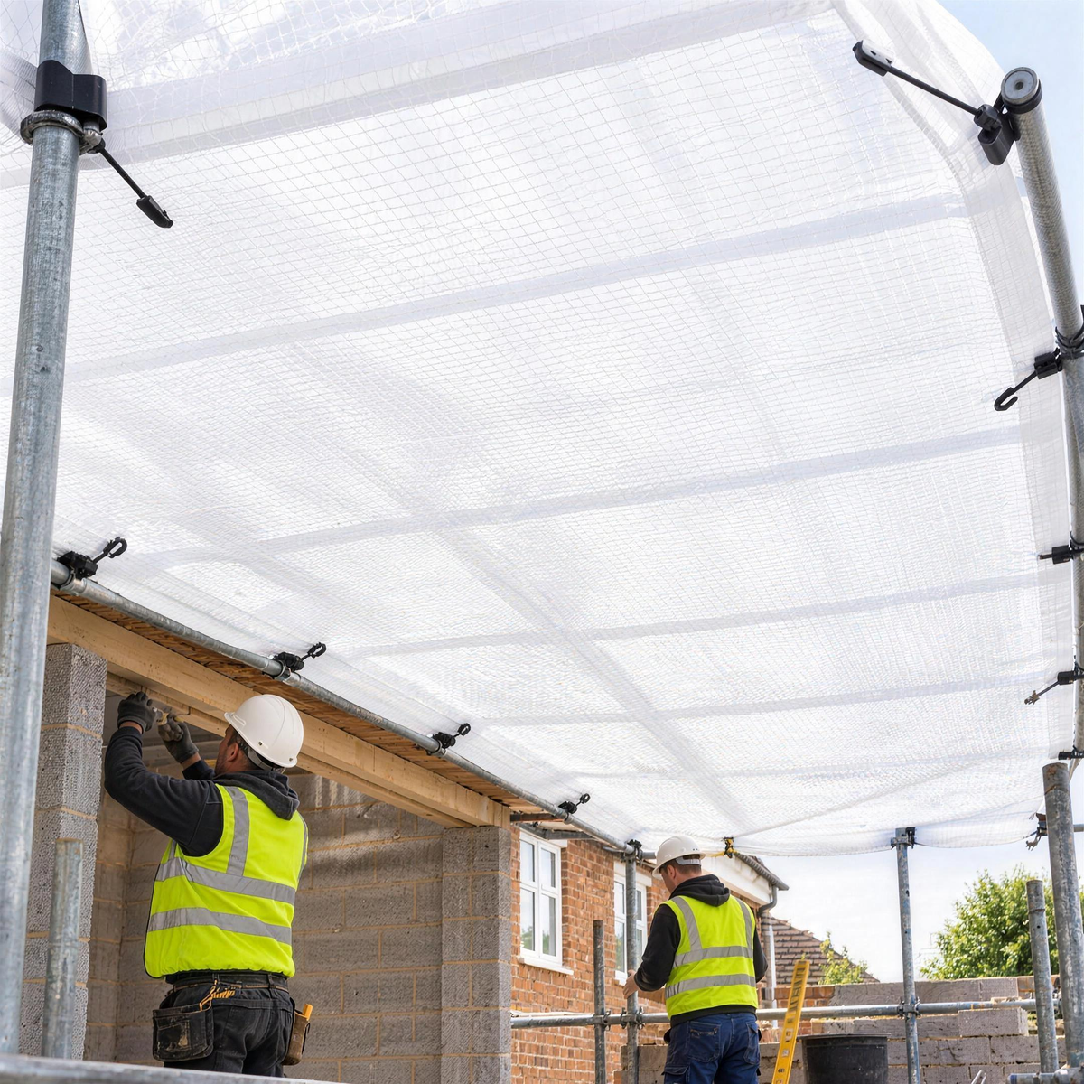 Light transmitting 220gsm white reinforced tarpaulin as a temporary roof over a house extension scaffold, builders working in daylight underneath