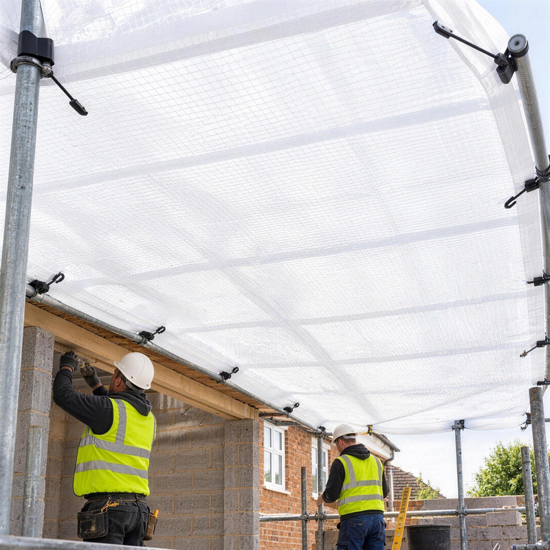 Light transmitting 220gsm white reinforced tarpaulin as a temporary roof over a house extension scaffold, builders working in daylight underneath