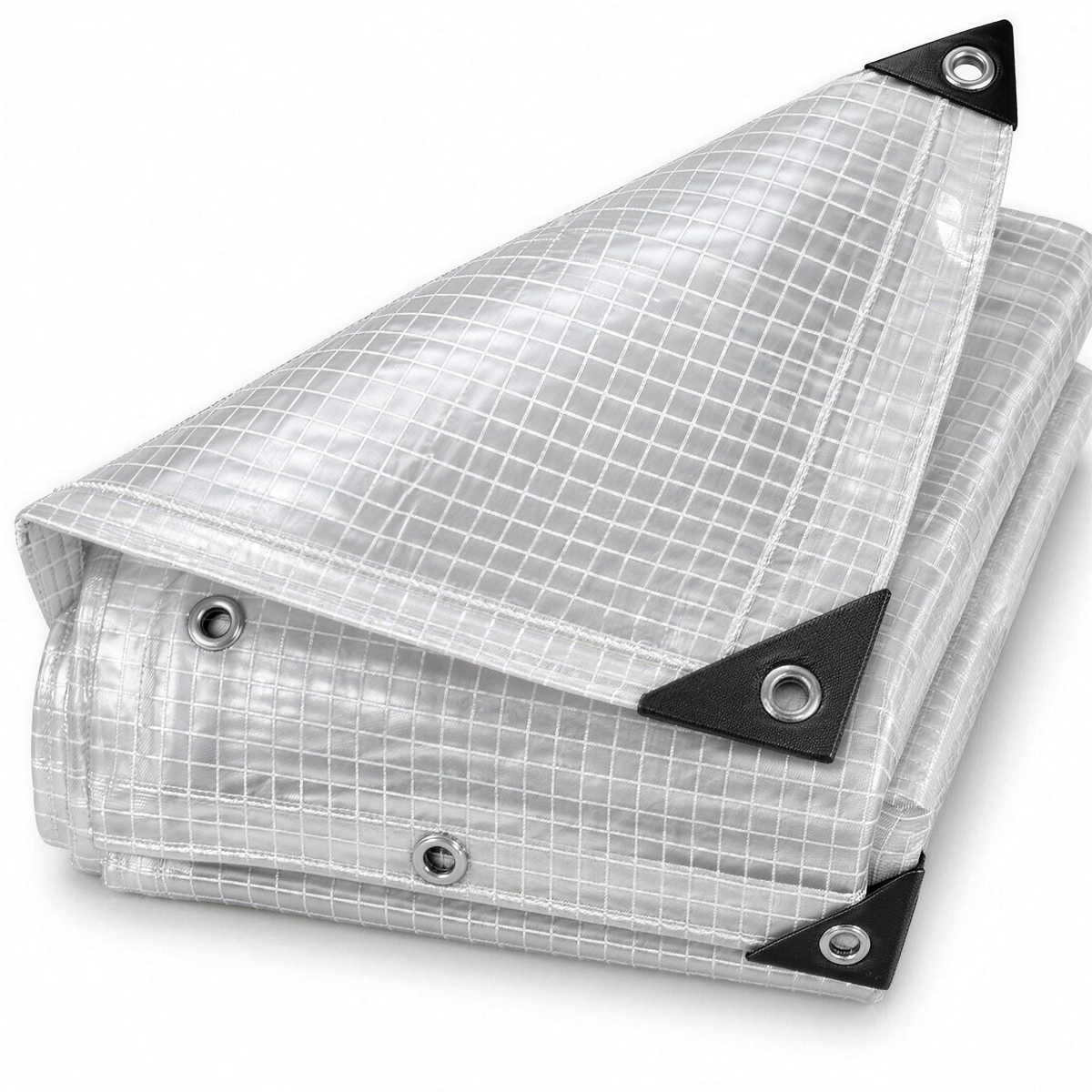 Clear 250gsm mono cover tarpaulin folded, showing the white reinforcing grid, black corner patches and eyelets