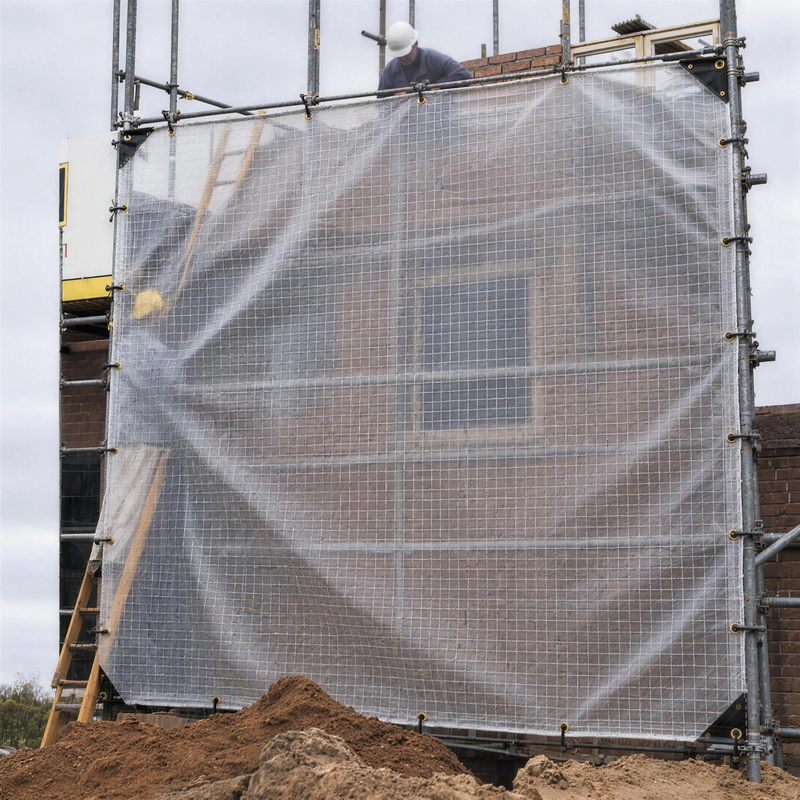 Clear 250gsm mono cover tarpaulin enclosing a scaffold on a house renovation, daylight passing through the reinforced sheet