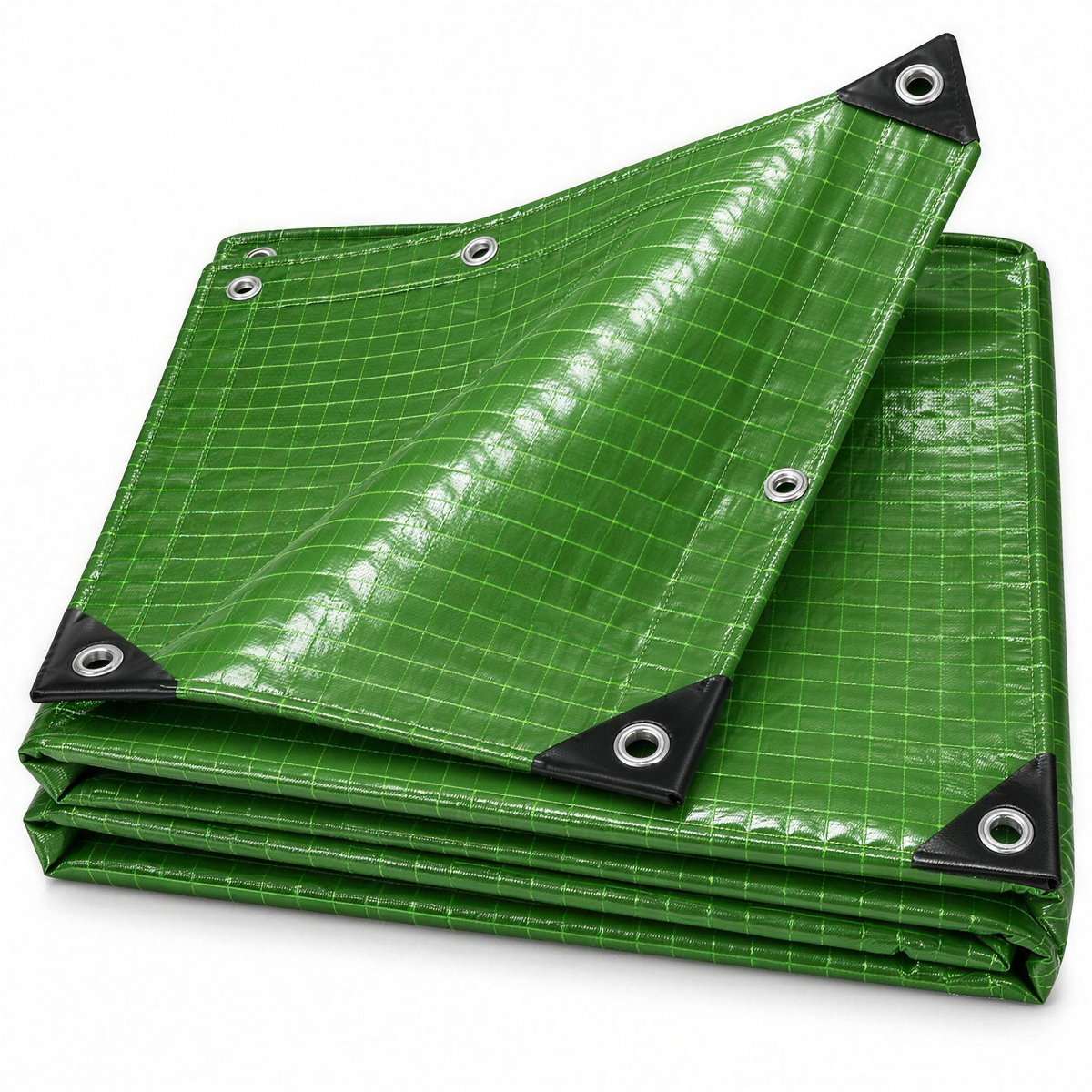 Green 250gsm mono cover tarpaulin folded, showing the reinforcing grid, corner patches and eyelets