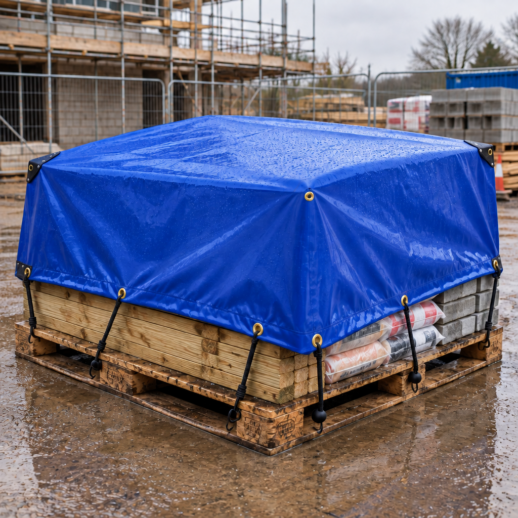 Blue 560gsm PVC tarpaulin covering timber and building materials on a pallet at a building site