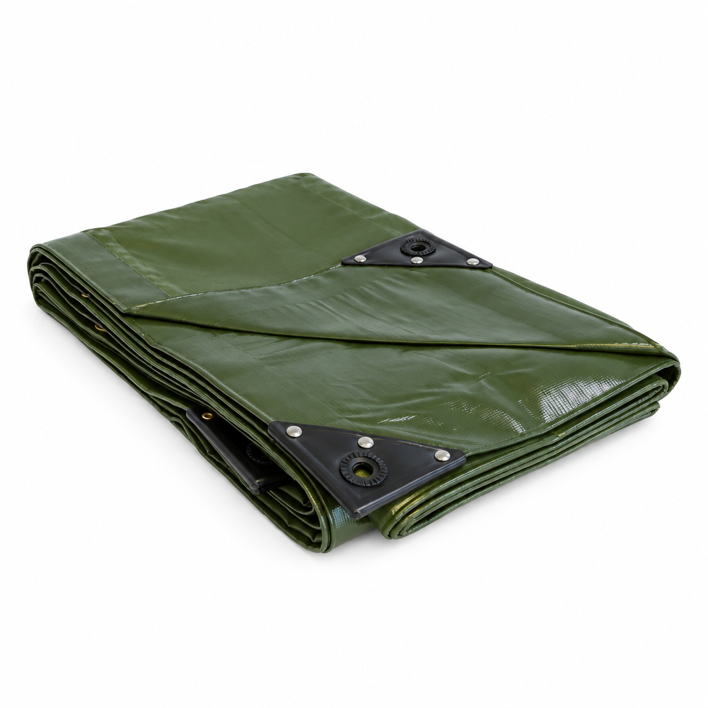Olive green 560gsm PVC tarpaulin folded, showing the riveted black corner patch and eyelet