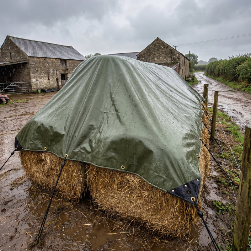 Olive green 560gsm PVC tarpaulin tied down with bungee cords over round hay bales in a farmyard
