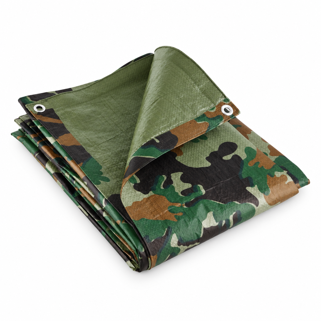 Camouflage 80gsm tarpaulin folded with a corner turned back to show the olive green reverse and aluminium eyelets