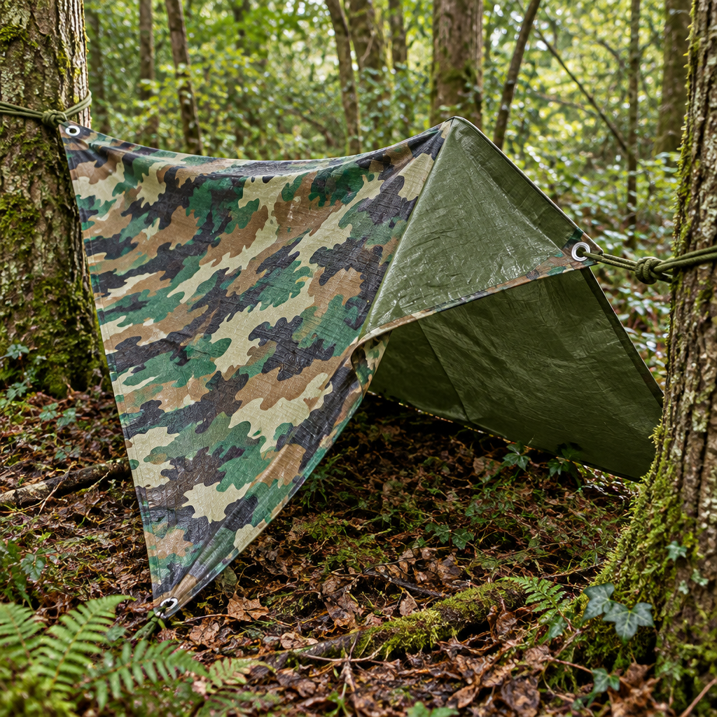 Camouflage 80gsm tarpaulin rigged as a woodland shelter between trees, olive green reverse showing