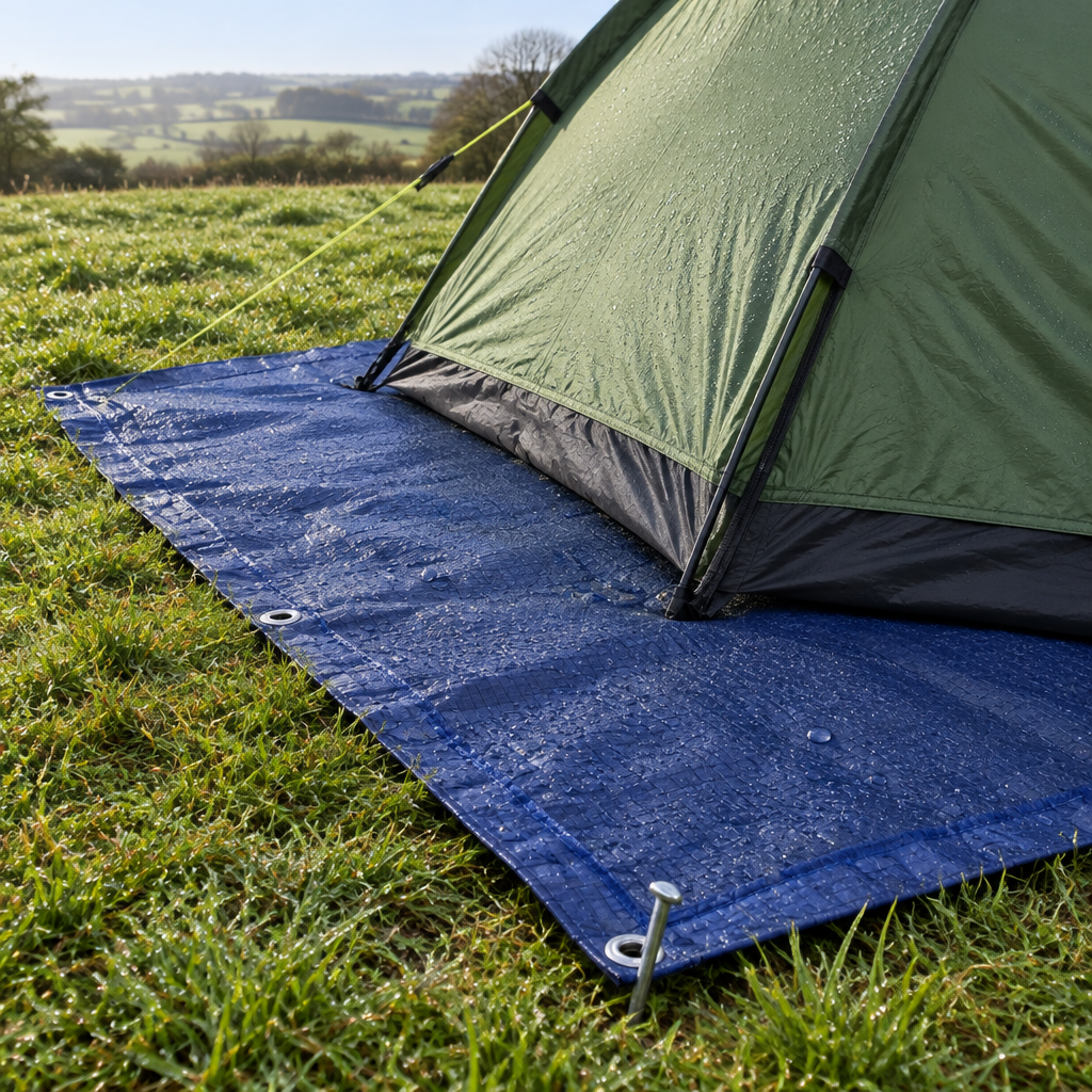 Blue 80gsm economy tarpaulin used as a camping groundsheet under a tent, pegged through an eyelet