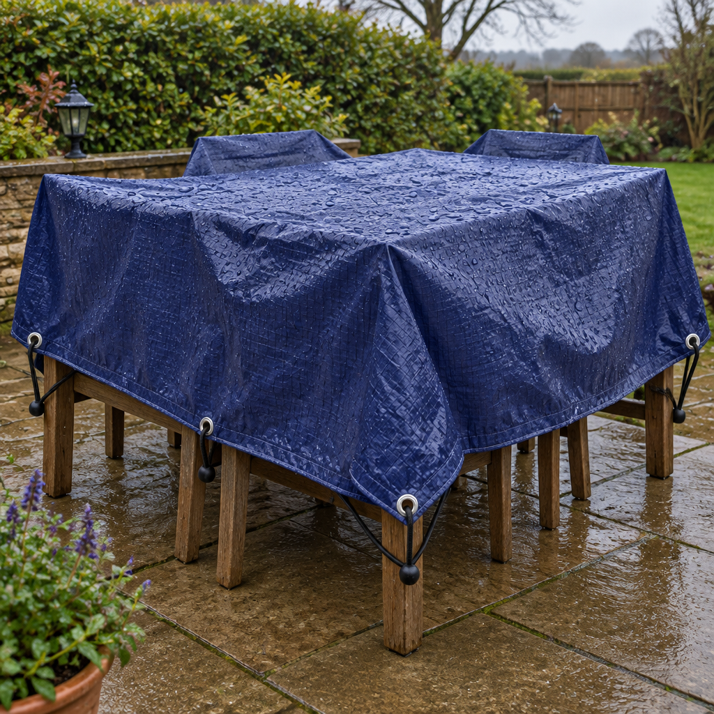 Blue 80gsm economy tarpaulin covering garden furniture on a patio in the rain, tied with bungees