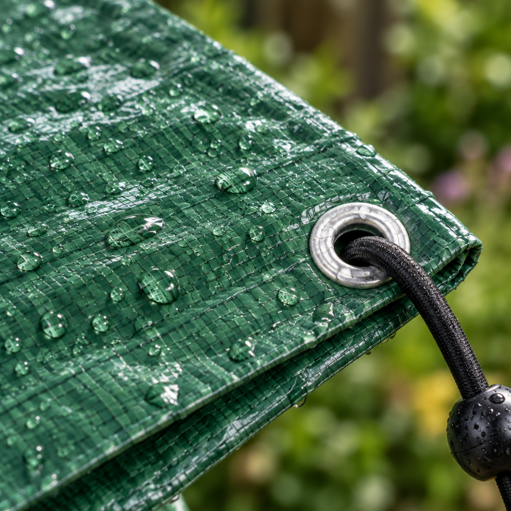 Close-up of the green 80gsm tarpaulin weave with water beading, an aluminium eyelet and a bungee cord