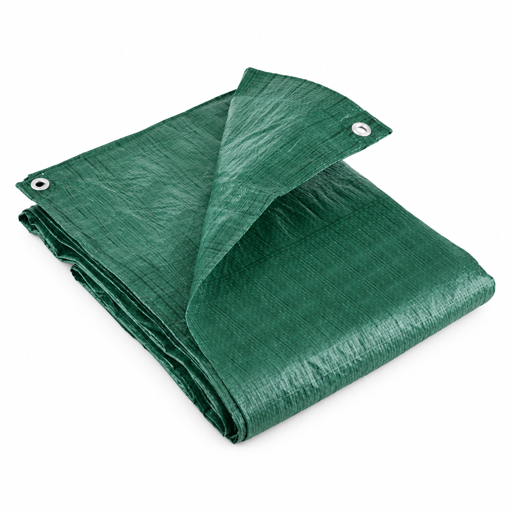 Green 80gsm economy tarpaulin folded, showing the woven texture and aluminium eyelets in the rope reinforced hem