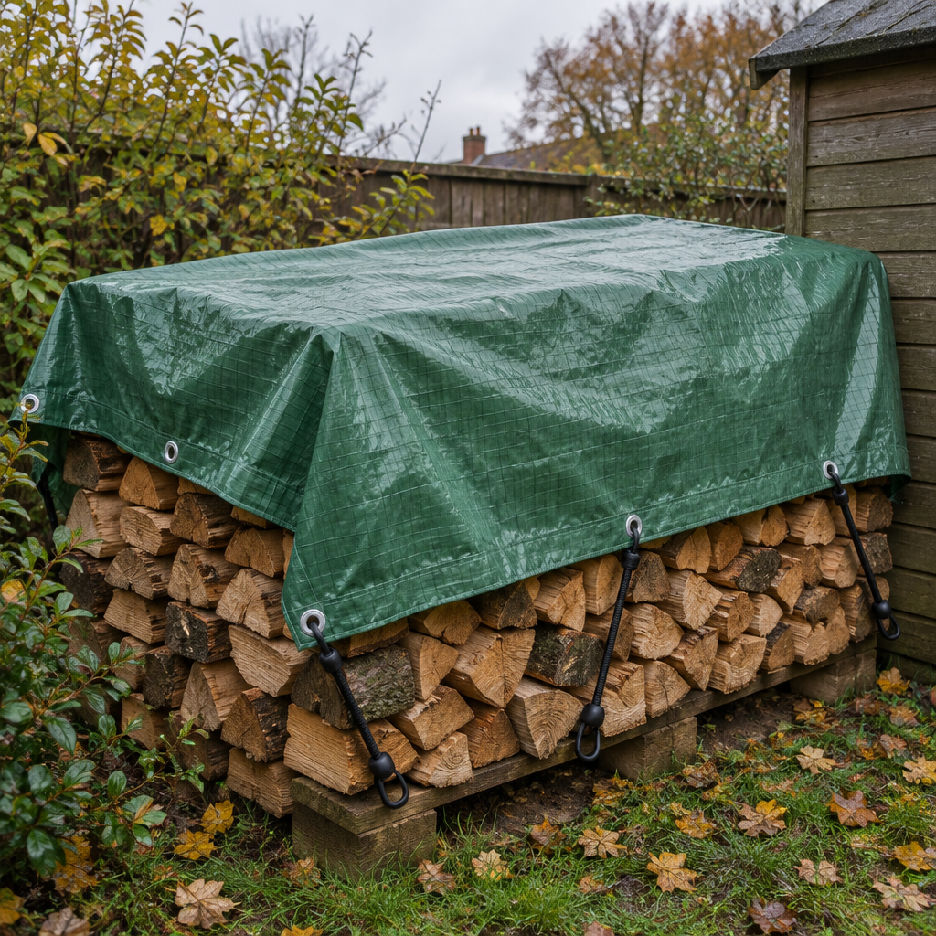 Green 80gsm economy tarpaulin covering a log pile beside a garden shed, fixed with ball bungees