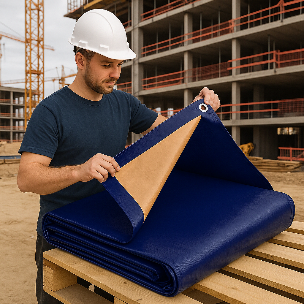Waterproof UV Protected Blue and Beige Extra Heavy Duty Tarpaulin – 350gsm Durable Tarp Sheet for Outdoor and Industrial Use
