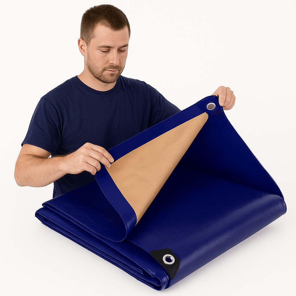 Waterproof UV Protected Blue and Beige Extra Heavy Duty Tarpaulin – 350gsm Durable Tarp Sheet for Outdoor and Industrial Use