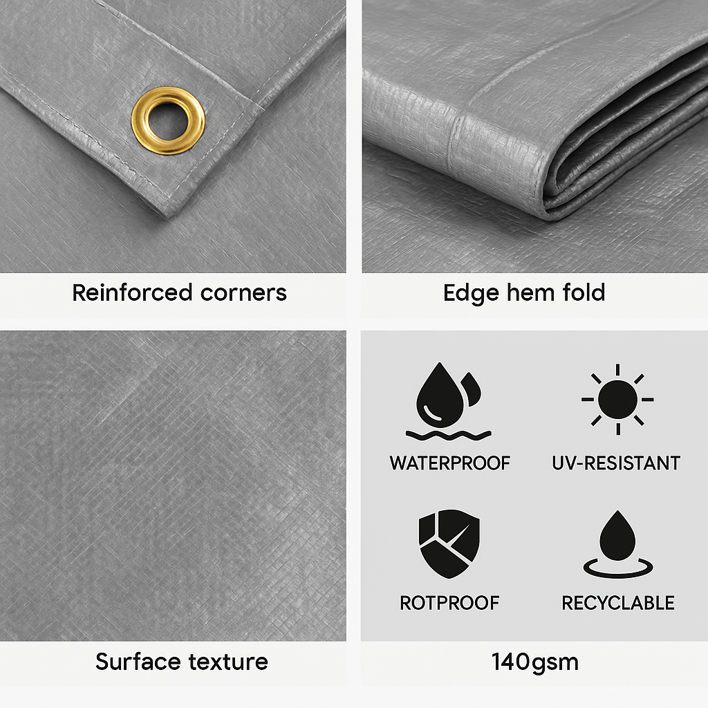 Heavy-Duty Silver Waterproof Tarpaulin 140 GSM – Reinforced Multi-Purpose Cover for Construction, Garden, and Camping | UV-Stabilised, Rotproof, Recyclable Protective Sheet