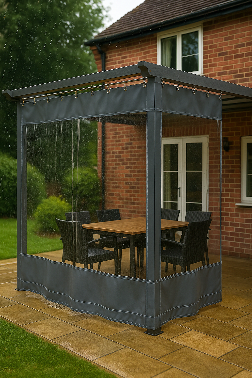 Clear PVC Outdoor Waterproof Curtain – 0.6 mm Heavy-Duty Vinyl with Reinforced Hems, Eyelets & Hooks | Weather Barrier for Patios, Garages & Garden Rooms