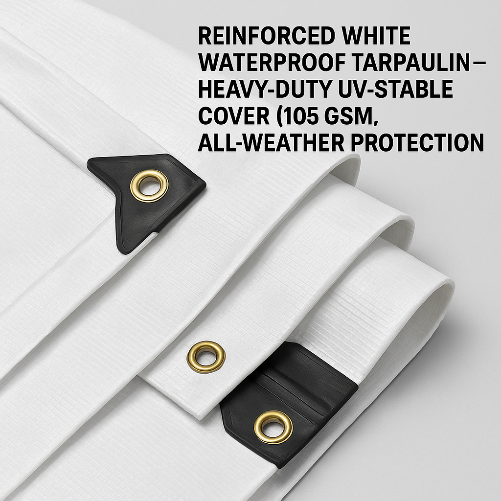 Heavy Duty Reinforced White Waterproof Tarpaulin – UV-Stable All-Weather Cover (105 GSM) | Heavy-Duty Poly Sheet with Metal Eyelets & Reinforced Corners – Industrial, Garden & Construction Use
