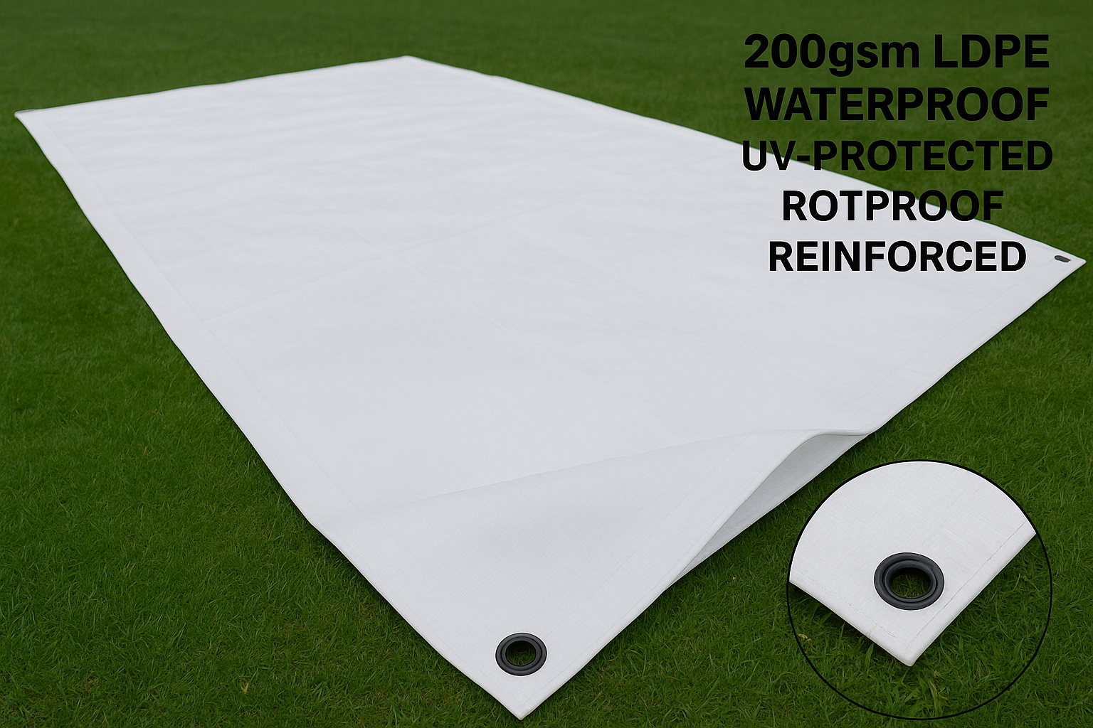 Waterproof Super White Cricket Wicket Cover Tarpaulin – 200gsm Heavy-Duty LDPE Sheet | UV-Protected, Rotproof & Reinforced for Outdoor Sports Use