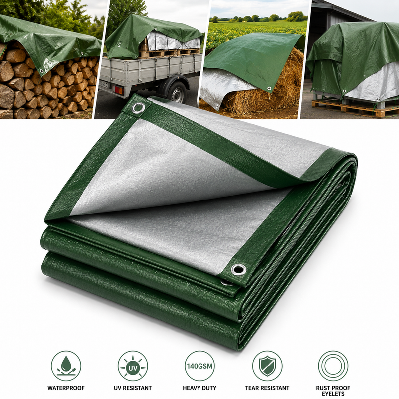 Waterproof Green and Silver Tarpaulin – 140gsm Heavy Duty UV Resistant Cover