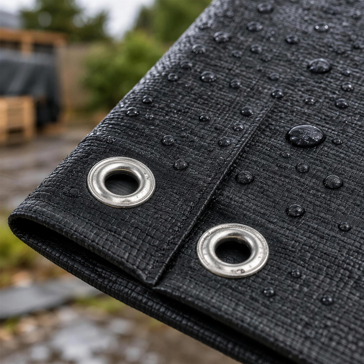 Close-up of the anthracite grey tarpaulin corner with two aluminium eyelets and water beading