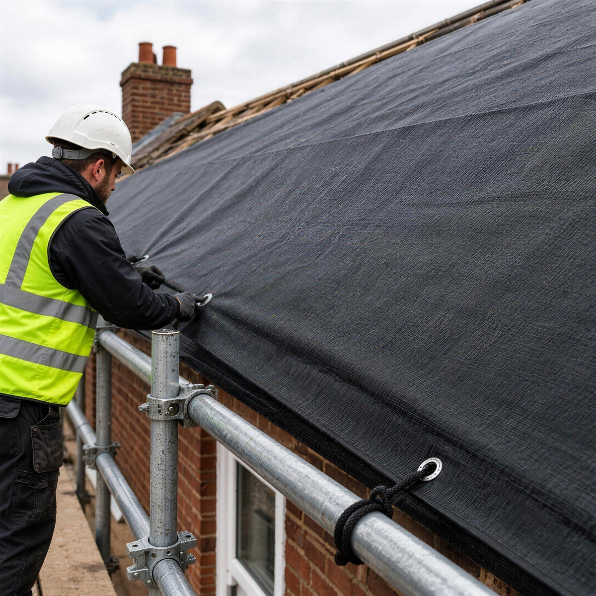 Roofer securing an anthracite grey tarpaulin as a temporary roof cover to scaffolding through its eyelets
