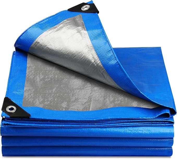 Heavy Duty Waterproof Tarpaulin 110GSM – Blue/Silver UV & Tear Resistant PE Tarp with Reinforced Eyelets – Outdoor Cover, Garden, Roof & Shelter – Various Sizes