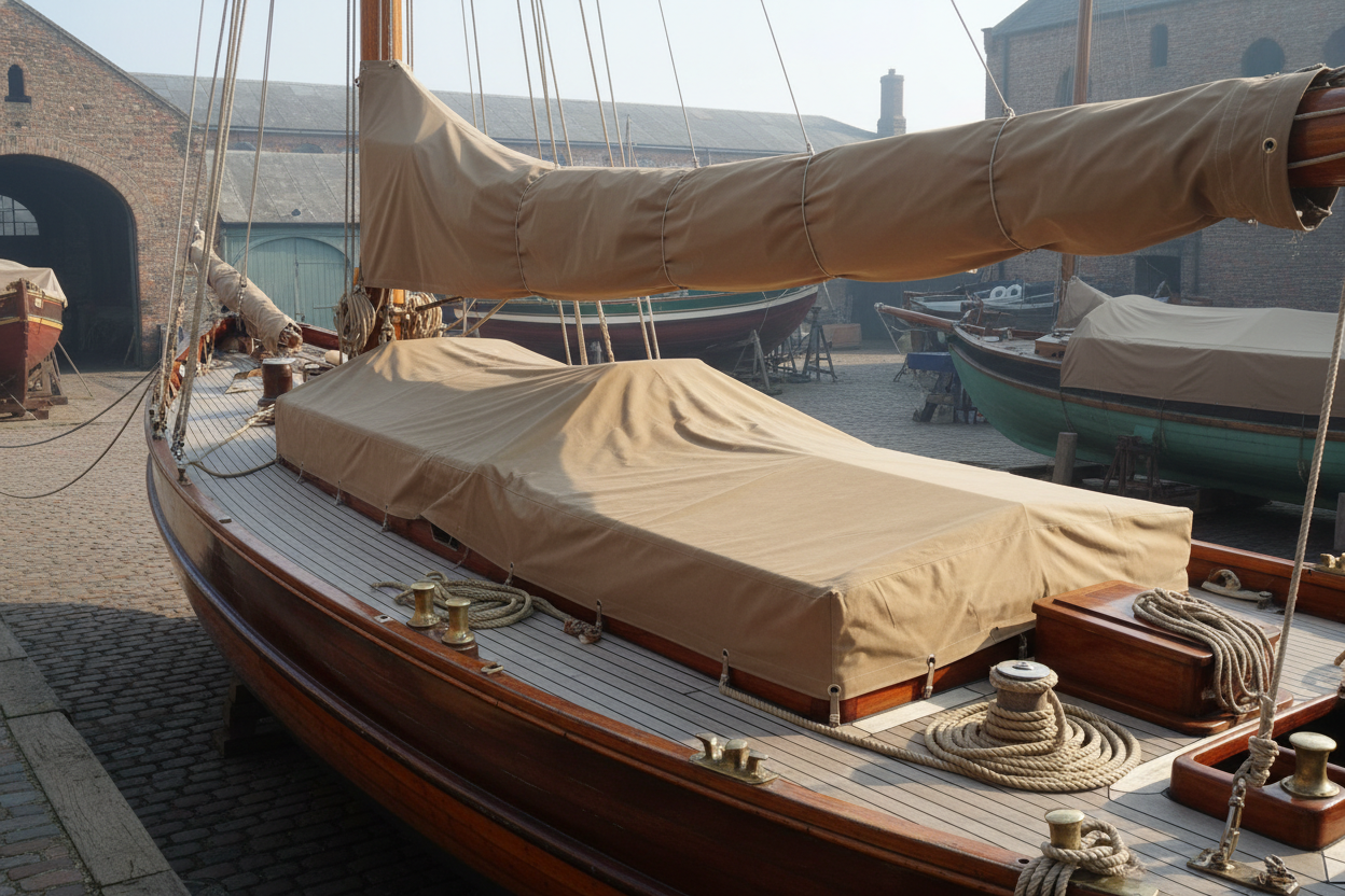 Canvas covers on traditional wooden boat