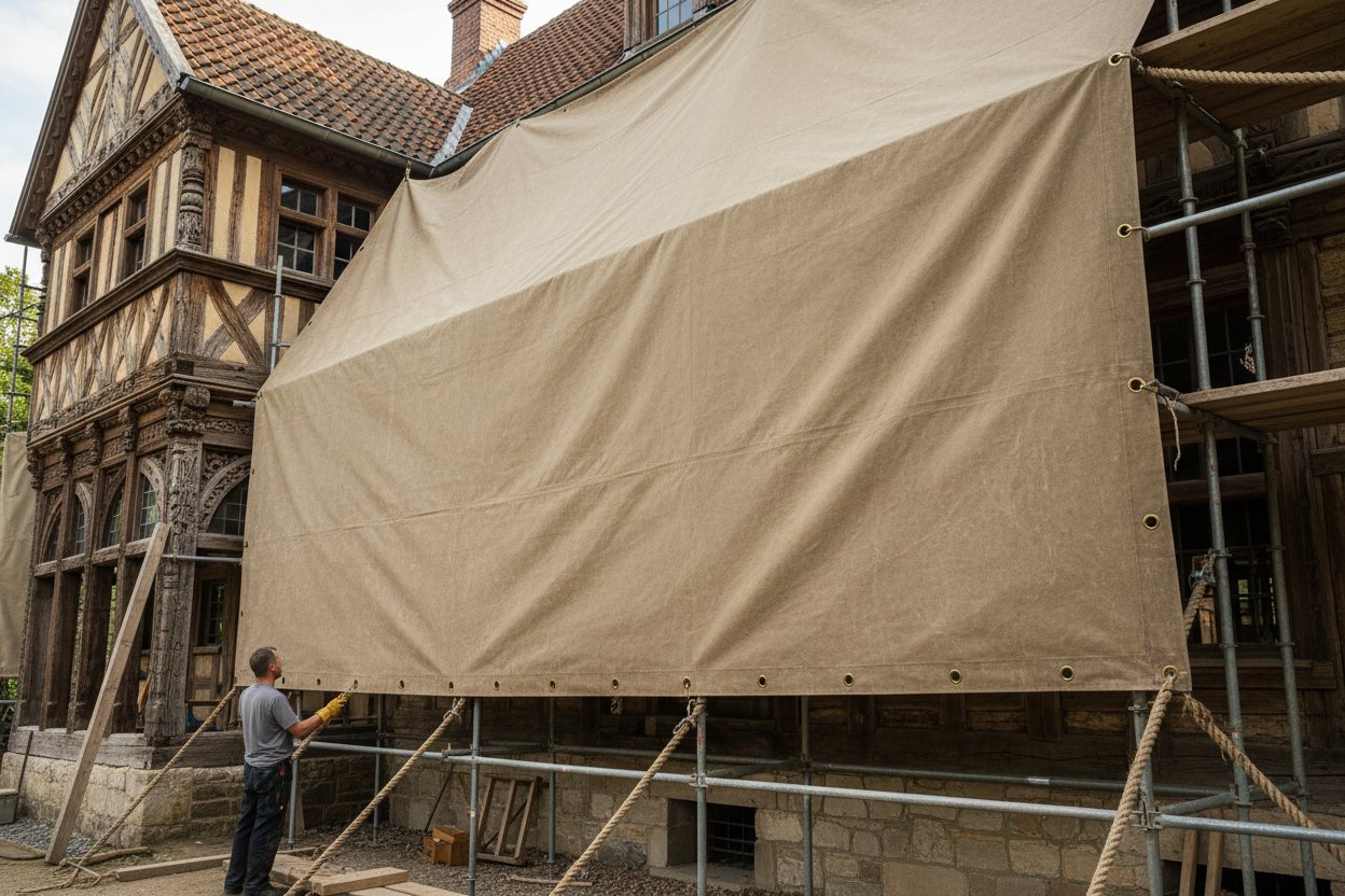 Canvas protecting historic building during restoration