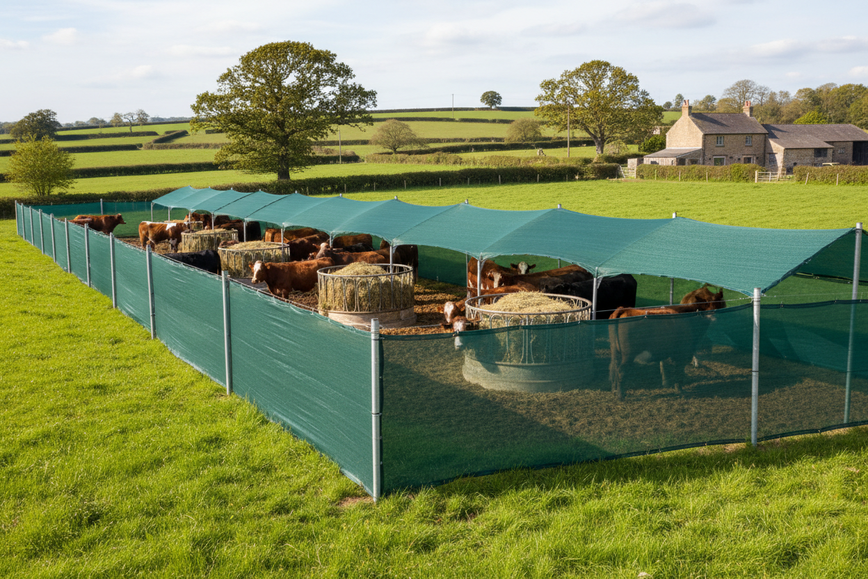 Cattle sheltered by green windbreak netting