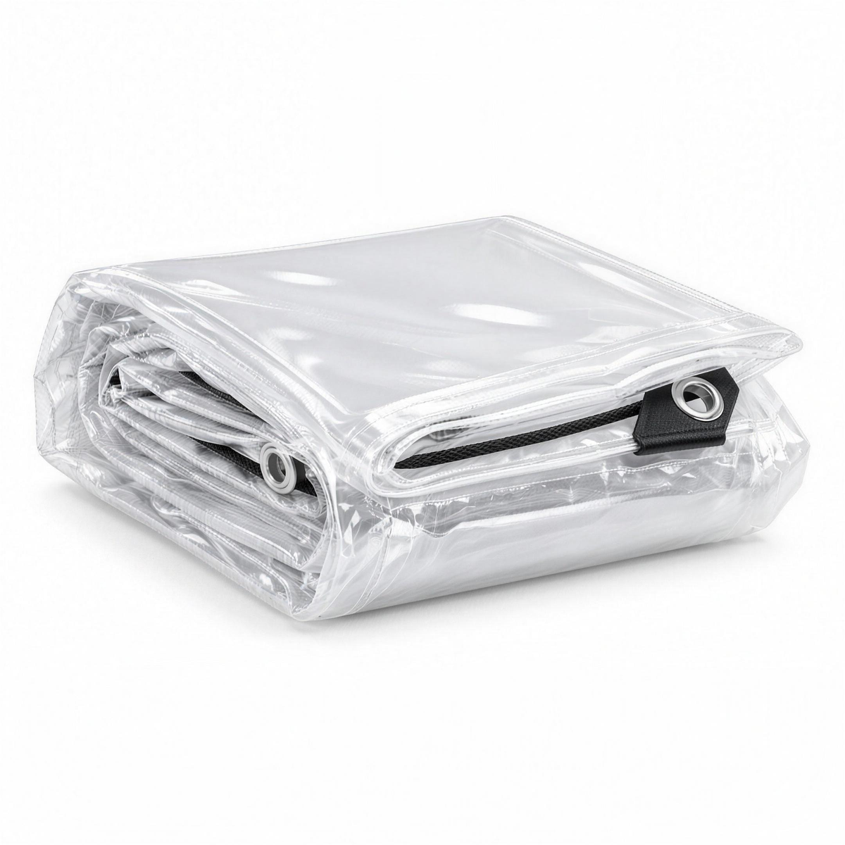 Clear 350gsm PVC tarpaulin folded, showing the black rope edge, plastic corner guard and aluminium eyelets
