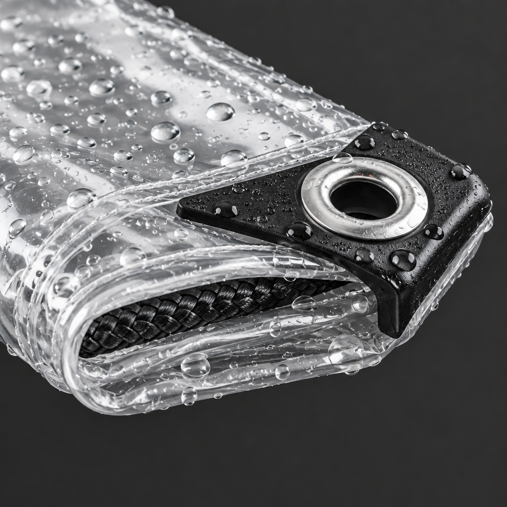 Close-up of the clear PVC tarpaulin corner guard, aluminium eyelet and nylon rope hem